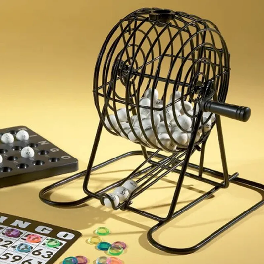 Deluxe Bingo Set - Includes Bingo Cage, Main Board, 18 Mixed Cards, 75 Calling Balls, Color Chips - for Large Groups, Parties